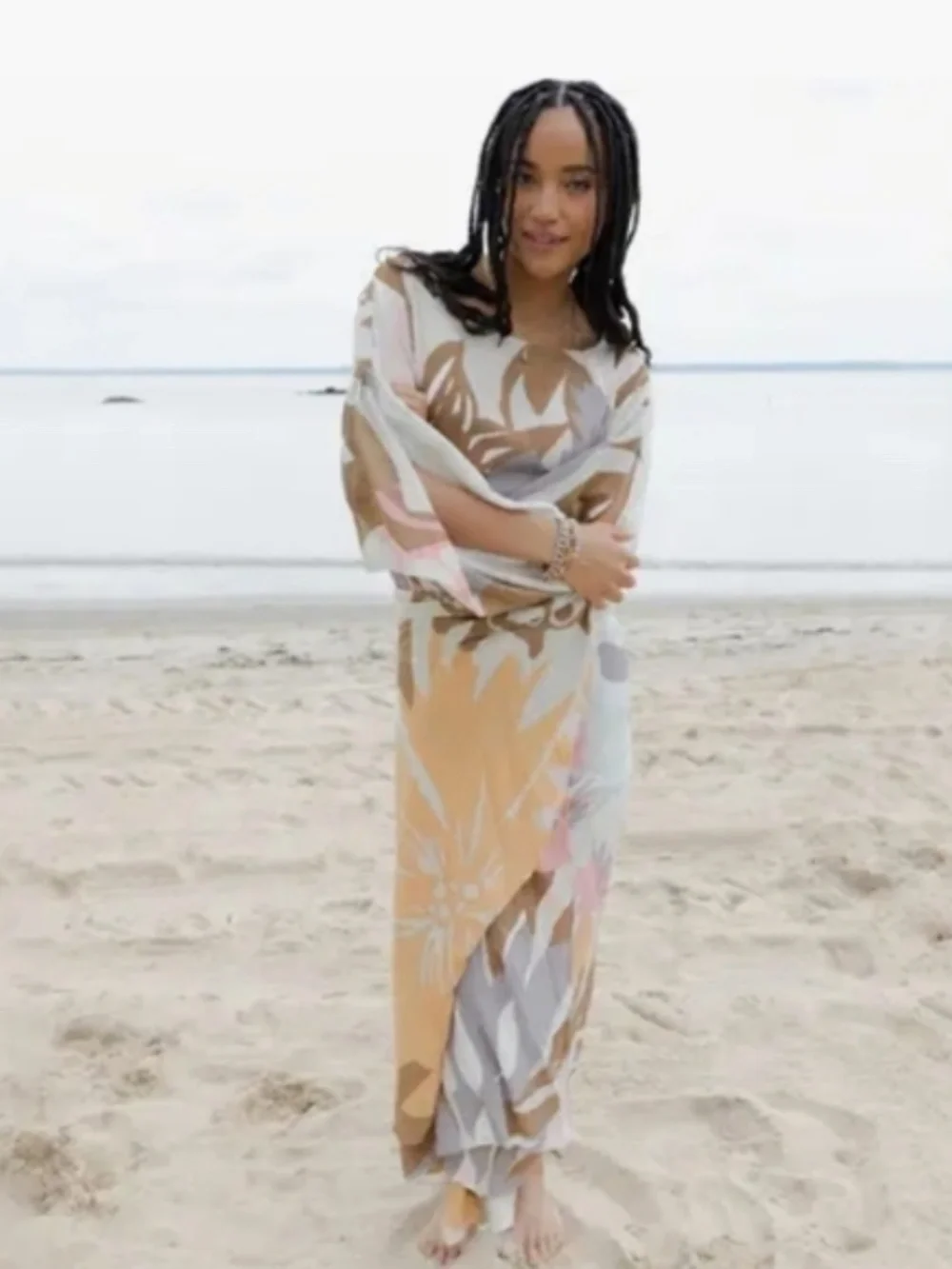 Saachi Floral Rayon Crepe Kaftan - Gray/ multi-colored - ONE SIZE - NEW - Picture 4 of 9